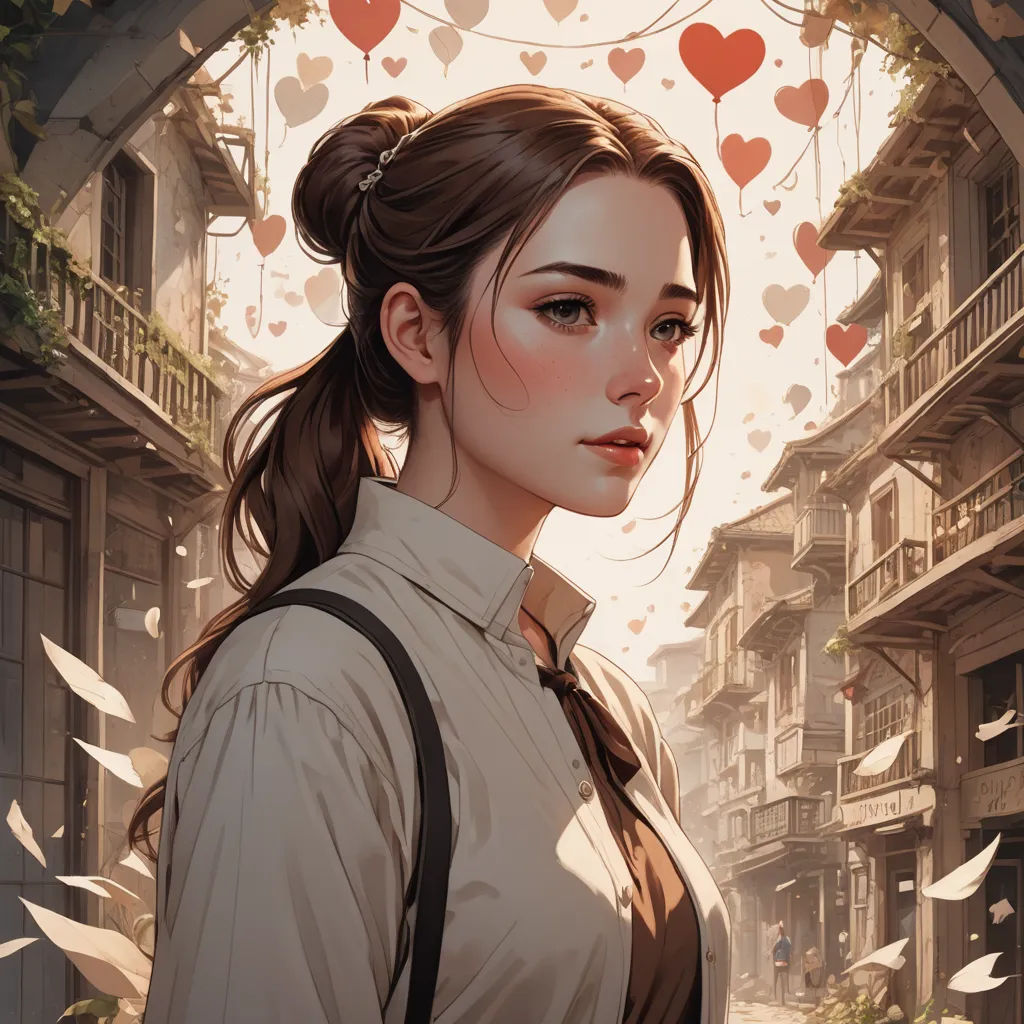 a woman with a ponytail standing in a city street with a heart - shaped window above her head and a bird flying overhead, fantasy art, a detailed painting, Artgerm, stanley artgerm lau