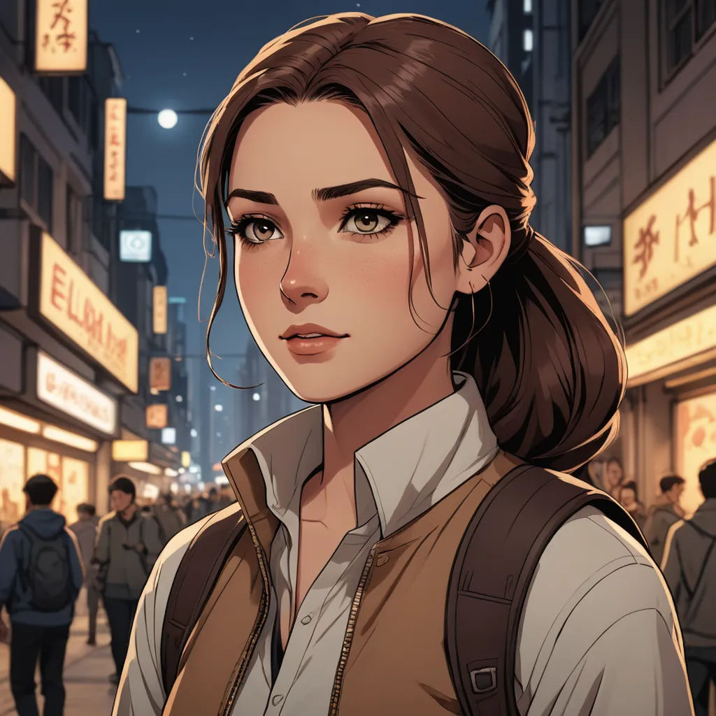 a woman in a city street at night with a backpack on her shoulder and a man in the background, aestheticism, a character portrait, Artgerm, kinkade