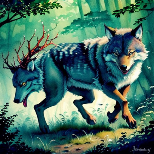 a painting of two wolfs in the woods with antlers on their heads and one wolf running towards the camera