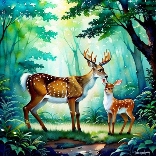 a painting of two deer in a forest with trees and grass, with a baby deer standing next to it