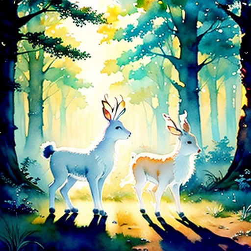 two deer standing in the middle of a forest with trees and grass on the ground, with sunlight shining through the trees