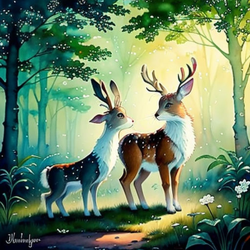 two deers standing in the woods with trees and flowers in the background, one is looking at the other