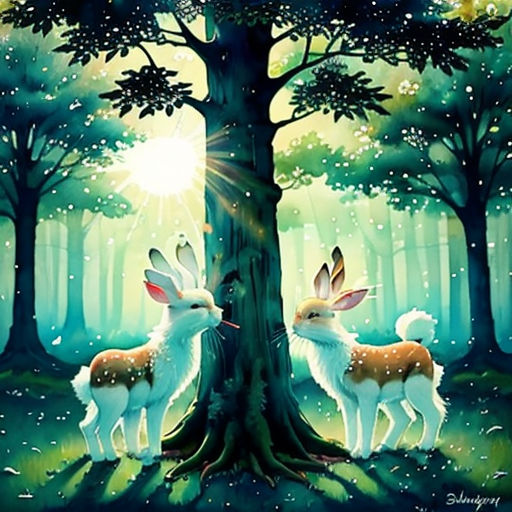 two deers standing in the woods under a tree with the sun shining through the trees behind them,
