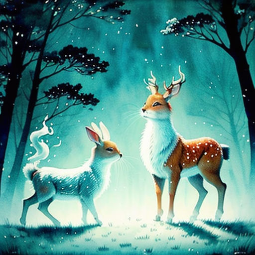 two deer standing next to each other in the woods at night with snow falling on them and stars falling off the trees