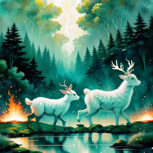 two white deers are walking in the woods by a lake with fire and trees in the background, with a bright sun shining through the clouds