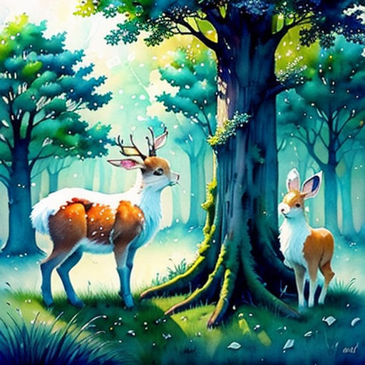 a painting of two deers in a forest with trees and snowflakes on the ground, one of them is looking at the camera