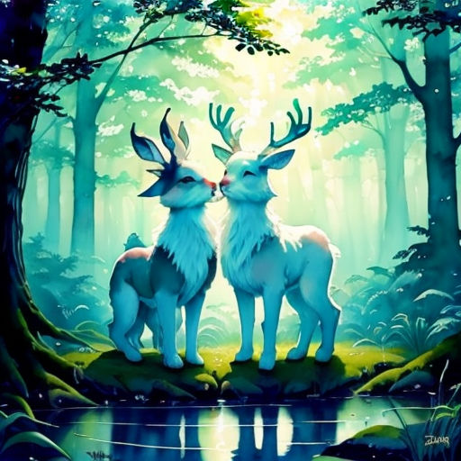 two deers standing next to each other in the woods with water and trees in the background, with the sun shining through the trees