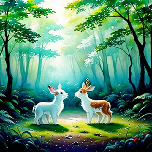 two deers in a forest with a butterfly on their head and a butterfly on their head, with a sunbeam in the background