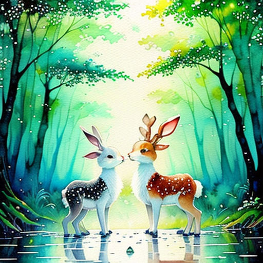 two deers are standing in the water near trees and a forest with green leaves on it, and one is facing the other