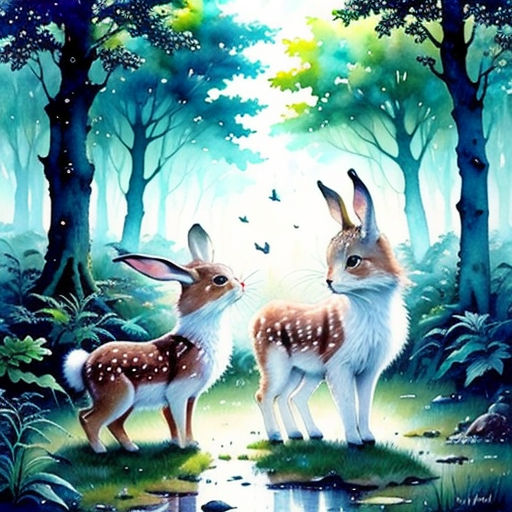 two deers are standing in the woods by a stream of water and trees, with a bird flying above them