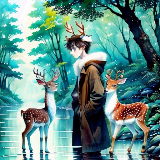 a man standing next to a deer in a forest next to a river with a deer in it's mouth