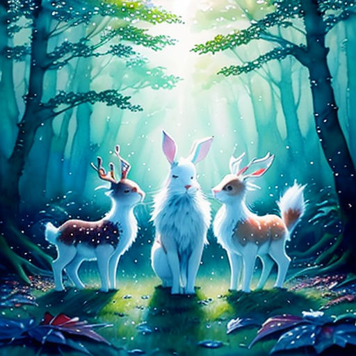 three white rabbits standing in the middle of a forest with trees and leaves on the ground, with the sun shining through the trees