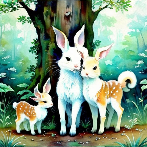 a painting of two white rabbits and a baby deer in a forest with a tree in the background and a bird in the foreground