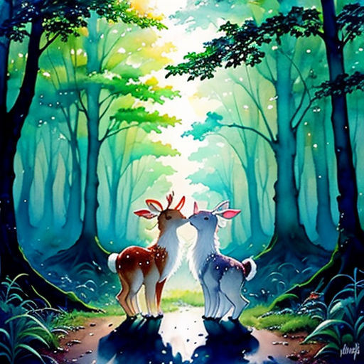 a painting of two deers in a forest with a stream of water in the foreground and a sun shining through the trees