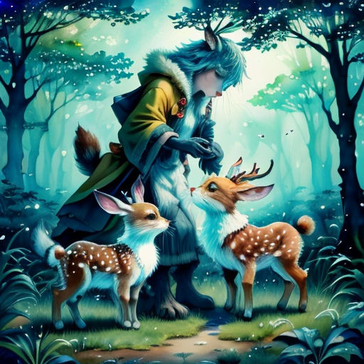 a painting of a girl and two deer in a forest with trees and snow on the ground, with a blue sky in the background