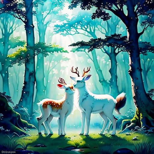 two deers standing in the middle of a forest with trees and grass on the ground, with a bright light shining through the trees