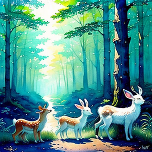 a painting of deer in the woods with a forest background and a sunbeam in the distance, with trees and grass