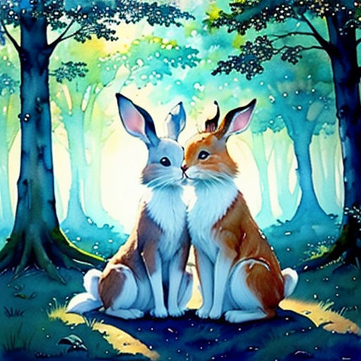 a painting of two rabbits sitting in the woods together, with the sun shining through the trees behind them