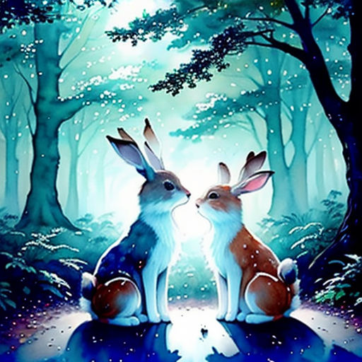 two rabbits sitting on a rock in the woods with trees and snow in the background, one of them kissing the other