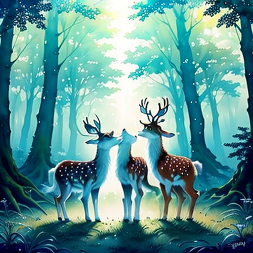 two deers standing in the middle of a forest with trees and grass on the ground, with the sun shining through the trees