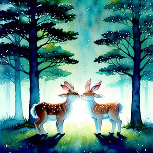 two deers are standing in the woods with trees in the background and snow falling on them, with the light shining through the trees
