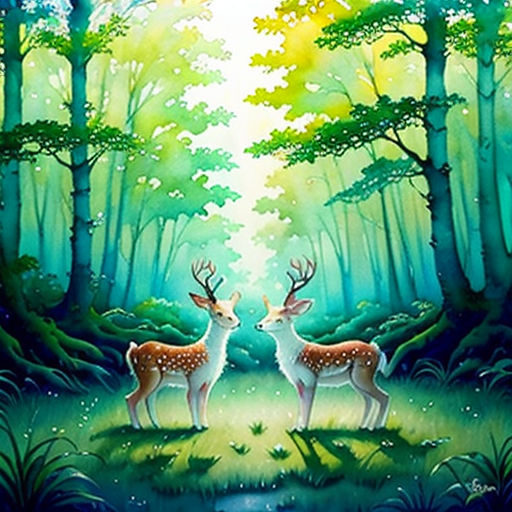 two deers in a forest with trees and water in the background, with a bright light coming through the trees