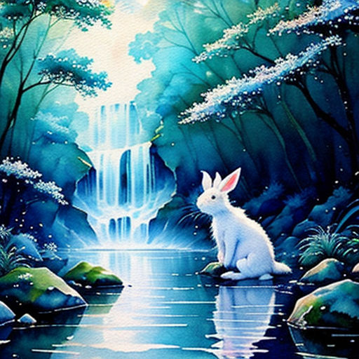a painting of a white rabbit sitting on a rock in front of a waterfall and waterfall with a waterfall in the background