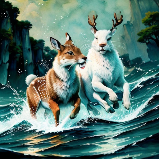 two deers are running through the water together in a painting by a man with a beard and a beard