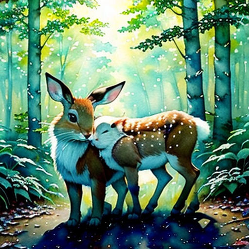a painting of two deers in a forest with trees and grass in the background, one of them is kissing the other is a baby