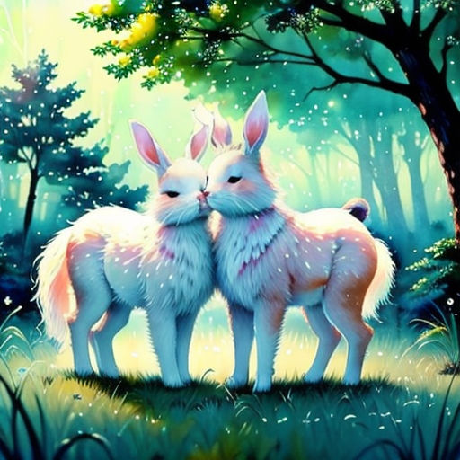 two white rabbits are standing in the grass together in the woods, with trees and grass in the background