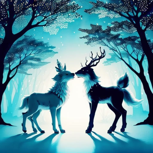 two deers are standing in the woods with trees and snow on the ground, one is kissing the other