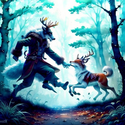 a painting of a man and a fox in the woods with trees and leaves in the background, one of the two are fighting