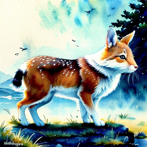 a painting of a fox standing on a hill with a forest in the background and birds flying overhead in the sky