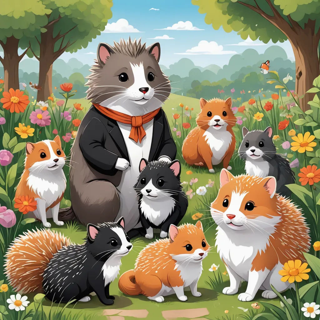 a group of animals that are standing in the grass together in a field of flowers and trees with a sky background, sots art, a storybook illustration, David Young Cameron, storybook illustration