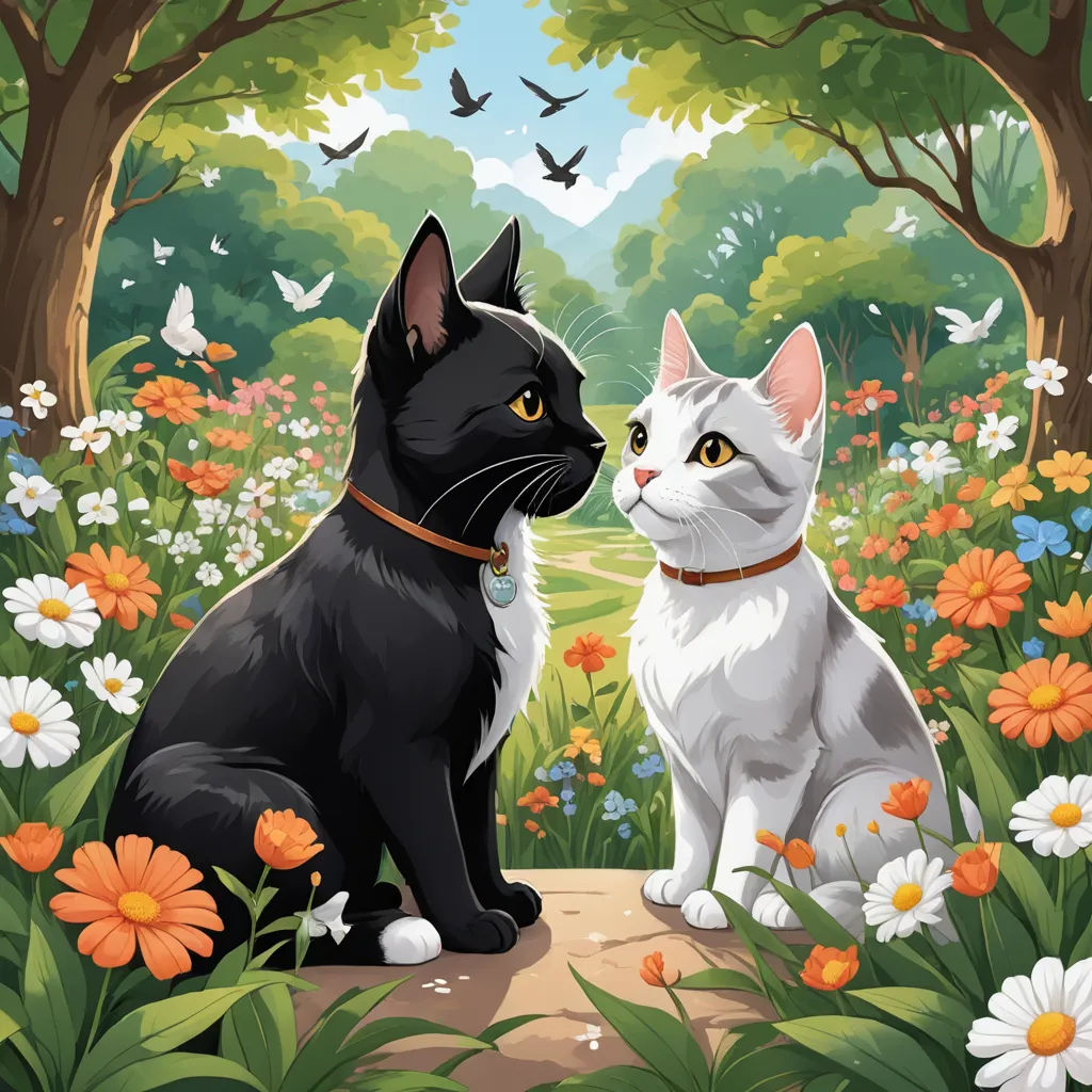 a cat and a cat sitting in a field of flowers and trees with a bird flying overhead in the background, sots art, a storybook illustration, Felix-Kelly, key art