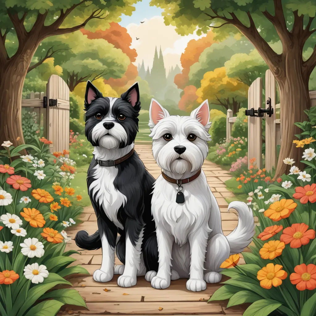 a couple of dogs sitting on top of a wooden walkway next to flowers and trees in a park with a castle in the background, naive art, a storybook illustration, Chris Rallis, key art