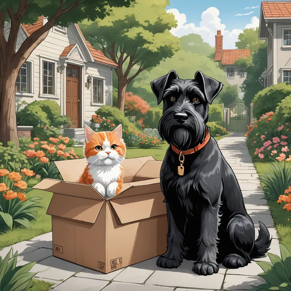 a dog and a cat are sitting in a box outside a house with a garden and flowers in the background, sots art, a storybook illustration, Chris Rallis, promotional image
