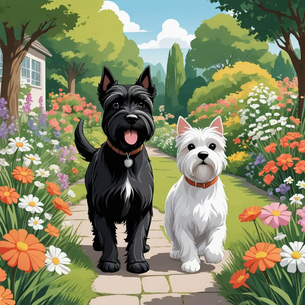 a couple of dogs standing on a sidewalk next to flowers and trees in a park with a house in the background, naive art, a storybook illustration, Esther Blaikie MacKinnon, key art