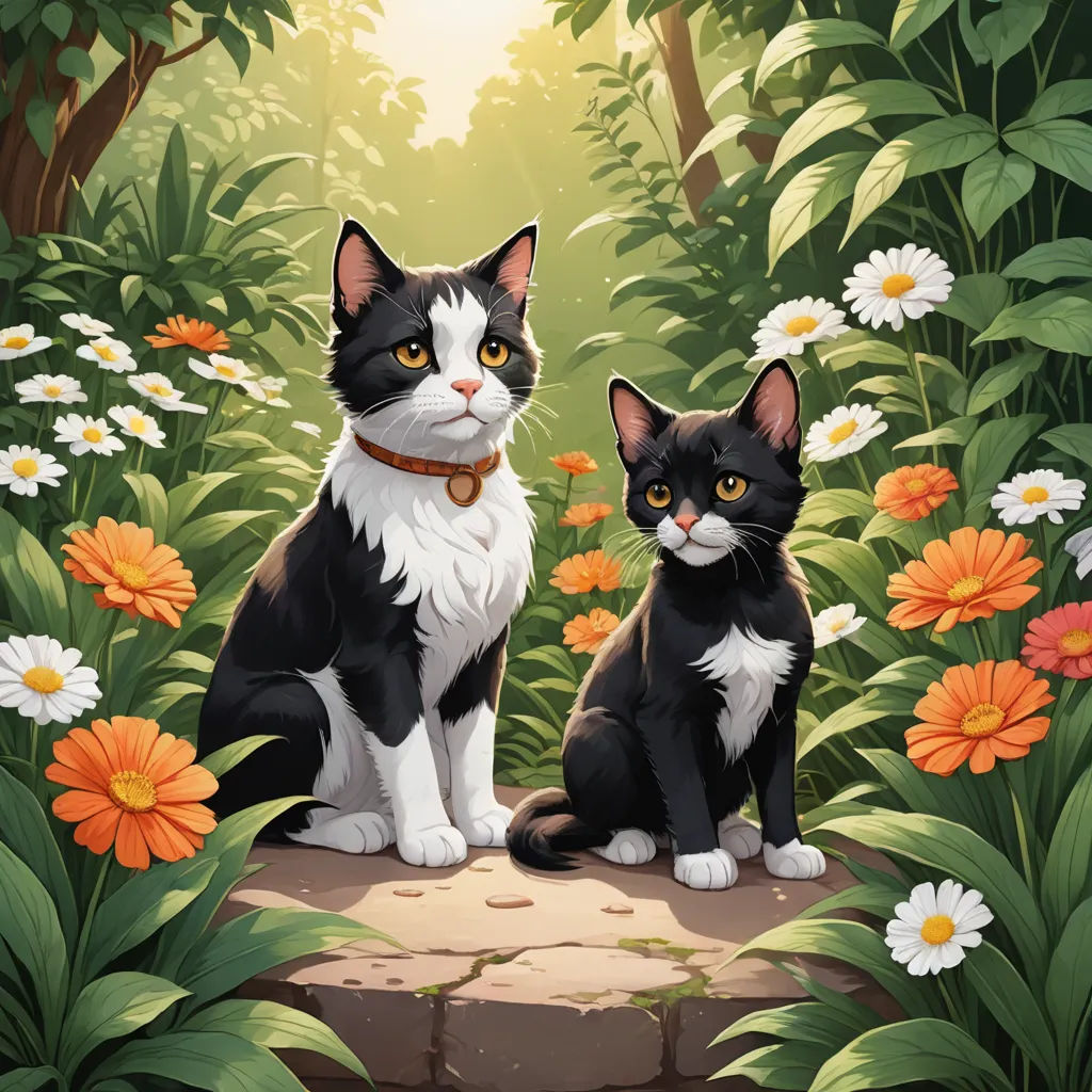 a painting of two cats sitting in a forest with flowers and daisies on the ground and a forest background, sots art, a storybook illustration, Anne Said, official art