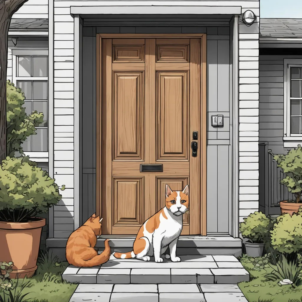 two cats sitting on the steps of a house looking at the door and the front door of the house, photorealism, a storybook illustration, Chris Ware, detailed illustration