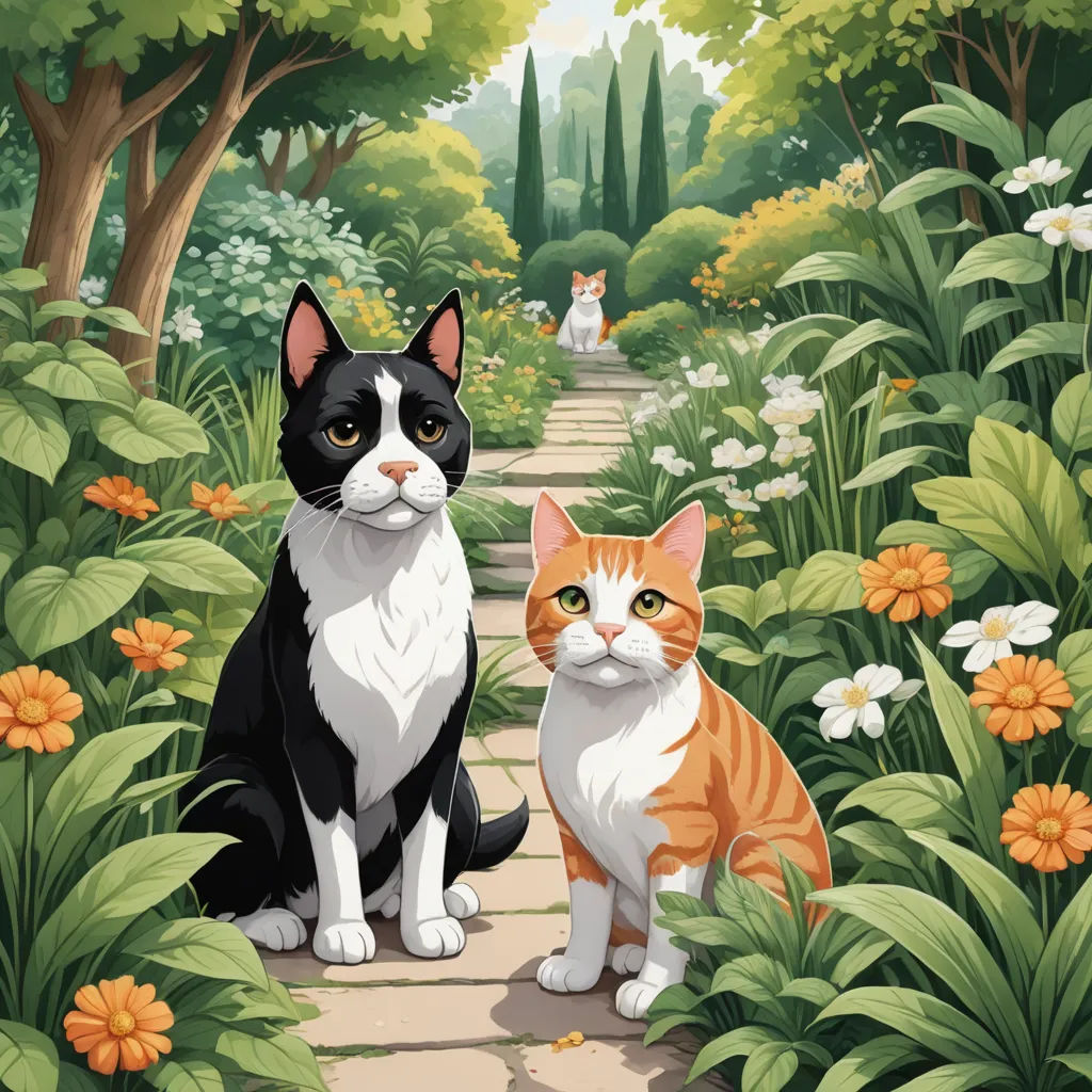 a cat and a cat sitting on a path in a garden with flowers and trees, and a cat looking at the camera, sots art, a storybook illustration, Brothers Hildebrandt, official art