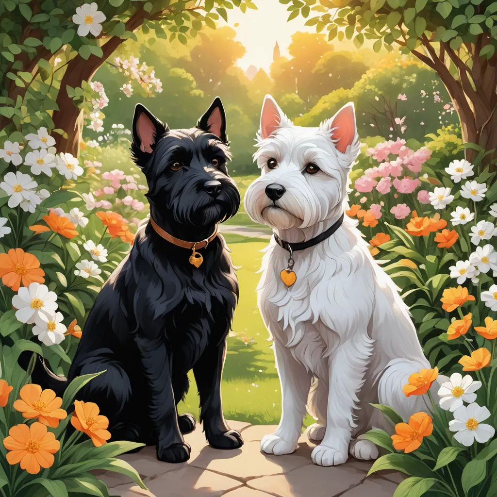 a painting of two dogs sitting in a garden of flowers and trees with a path leading to them and a path leading to them, sots art, a storybook illustration, Chris Rallis, key art