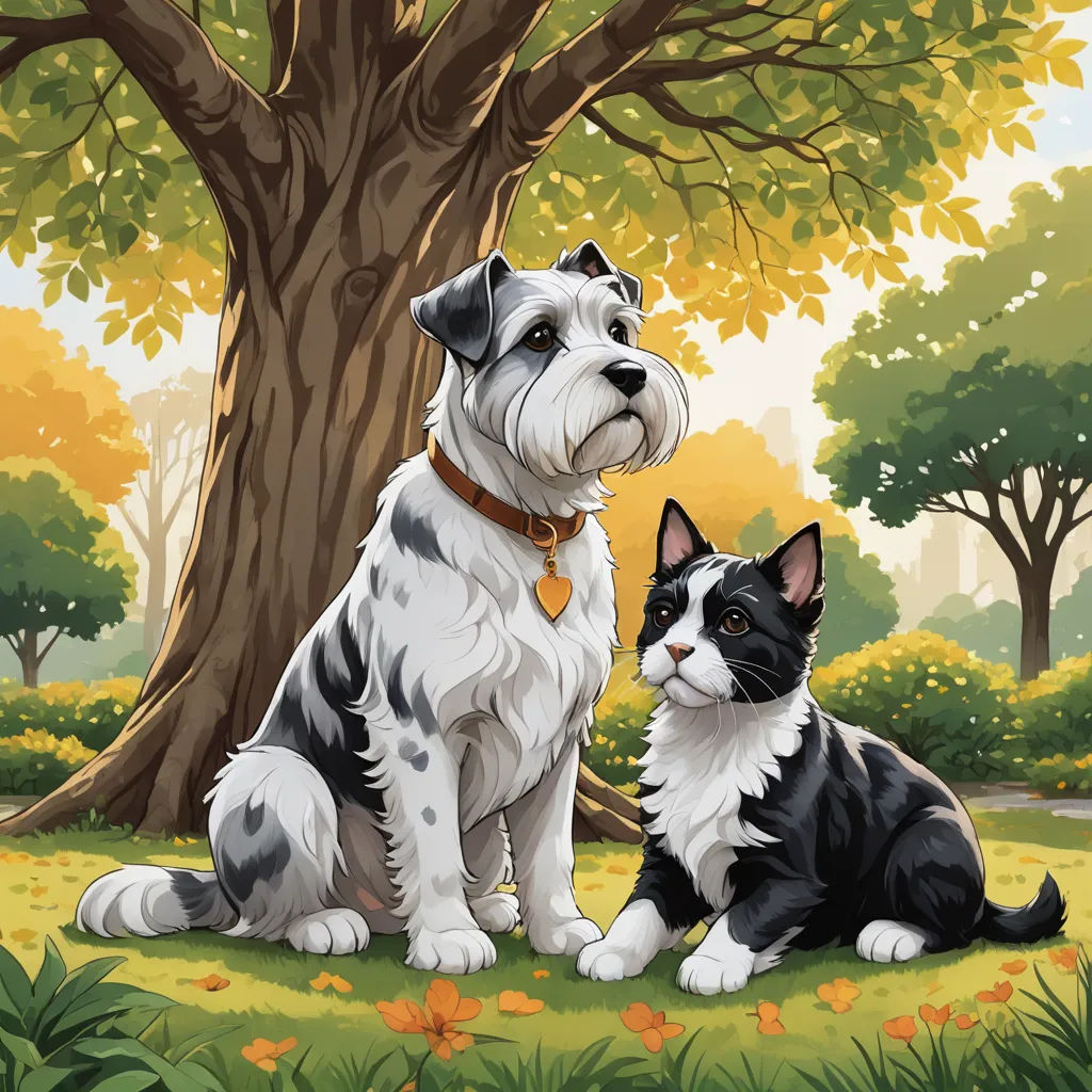 a dog and a cat sitting in the grass under a tree in a park with leaves on the ground, american scene painting, a storybook illustration, Chris Rallis, key art