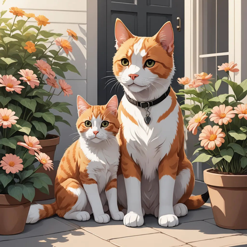 a painting of two cats sitting on a patio next to flowers and potted plants with a house in the background, sots art, a detailed painting, Atey Ghailan, official art