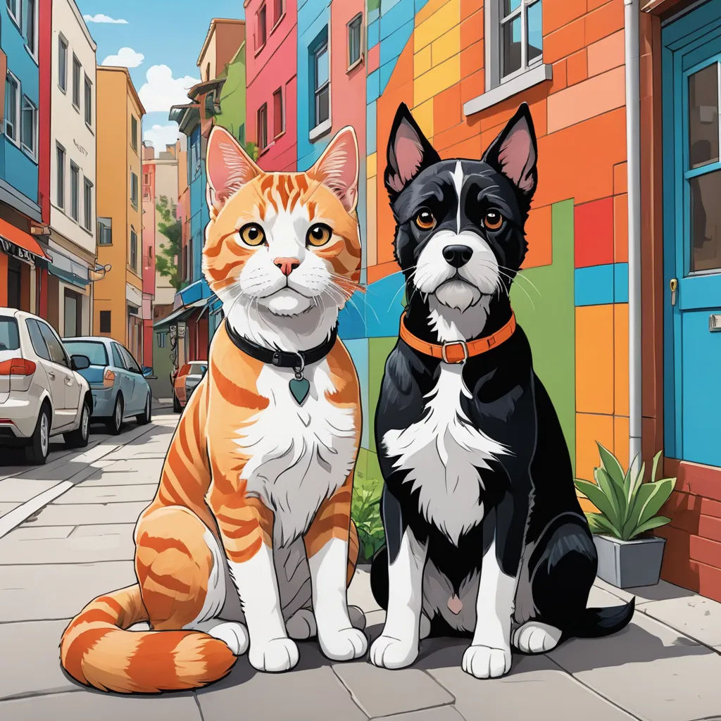 a cat and a dog sitting on a sidewalk in front of a building with a mural of a cat and dog, furry art, poster art, Asaf Hanuka, official art