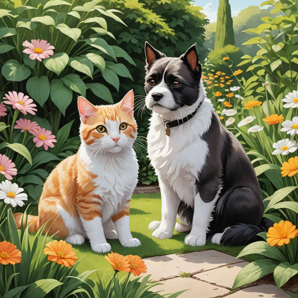 a painting of a dog and cat sitting in a garden of flowers and plants, with a background of flowers, sots art, a storybook illustration, Brothers Hildebrandt, official art