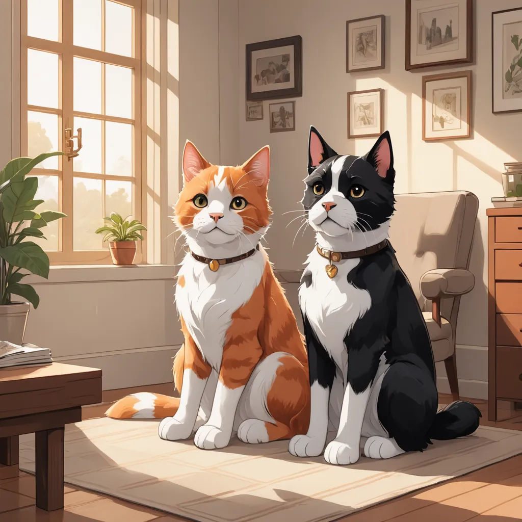 a cat and a dog sitting on a rug in a room with a window and a table with a plant, sots art, a storybook illustration, Anne Said, official art