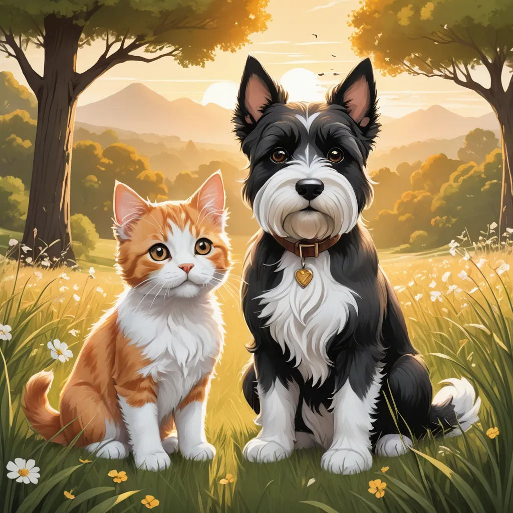 a dog and a cat sitting in a field of grass and flowers with trees in the background and a sunset, sots art, a storybook illustration, Chris Rallis, key art
