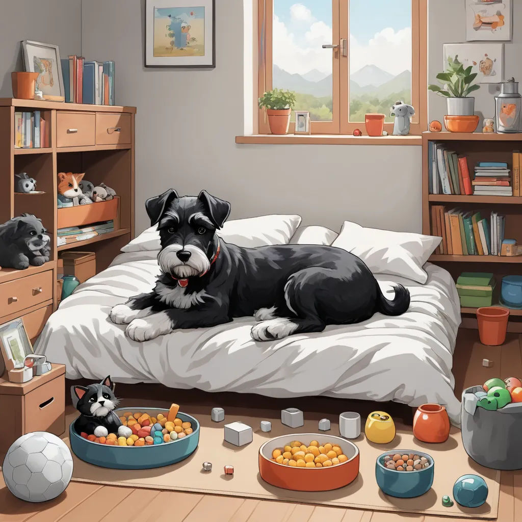 a dog laying on a bed with a bowl of fruit and a bowl of fruit in front of it, sots art, a storybook illustration, Diego Gisbert Llorens, highly detailed digital painting