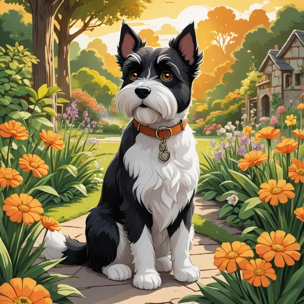 a black and white dog sitting in a garden of flowers and trees with a house in the background and a dog collar on, american scene painting, a storybook illustration, Chris Rallis, kinkade